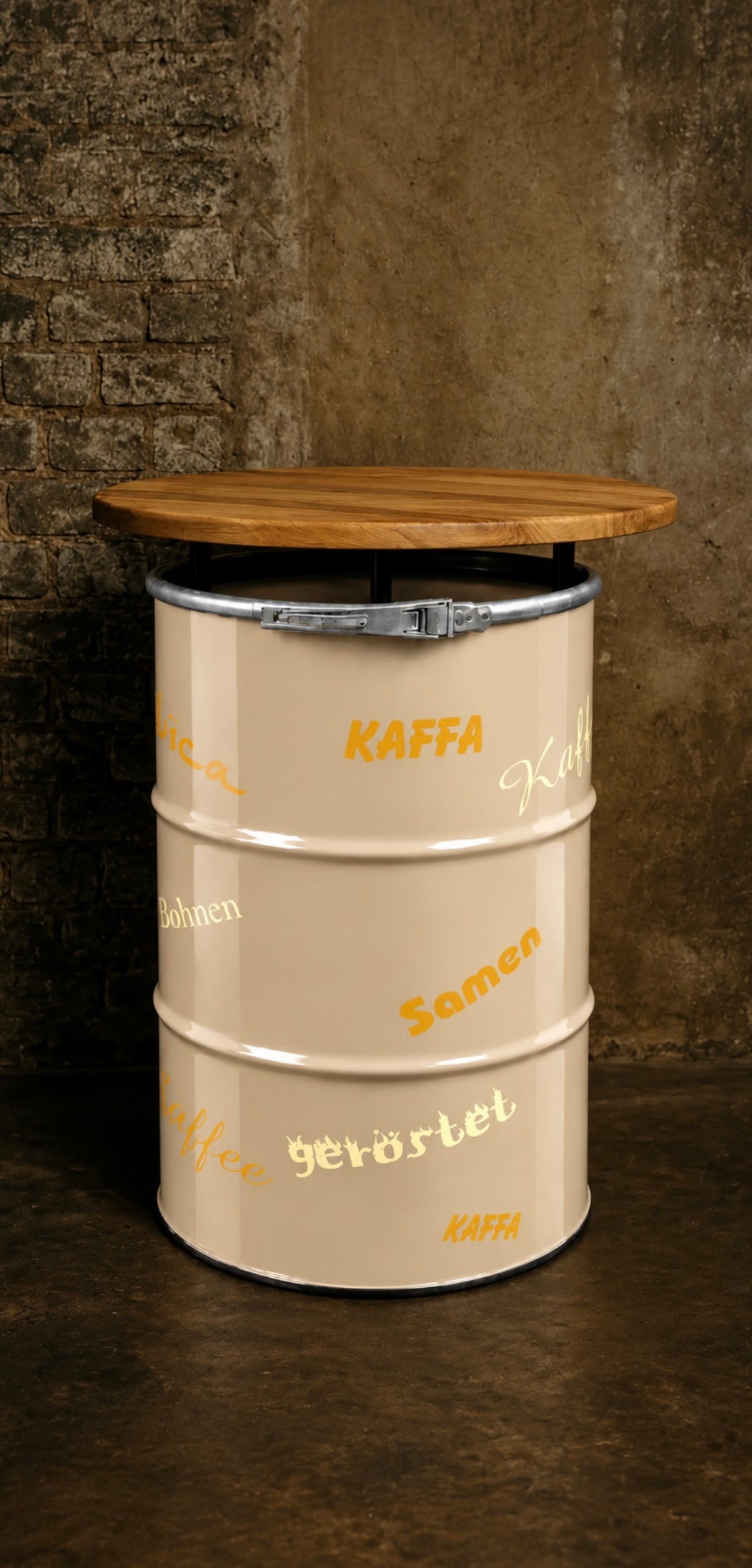 Ölfass Stehtisch 213L – Kaffee Design glänzend mit Tischplatte in Echtholzoptik