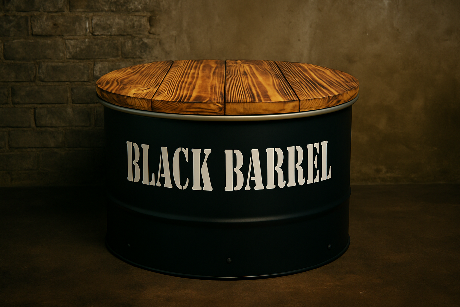 1/3 213l Ölfass Couchtisch, schwarz, mit gebrandeter Tischplatte und Logo