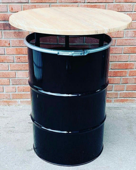 213L Ölfass-Stehtisch in schwarz, Tischplatte Echtholzoptik