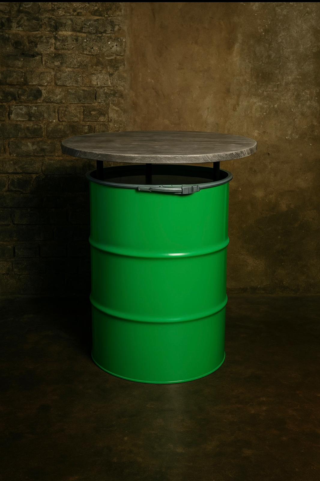 213l Ölfass-Stehtisch, grün mit Tischplatte in Echtholzoptik, Abstandshalter schwarz