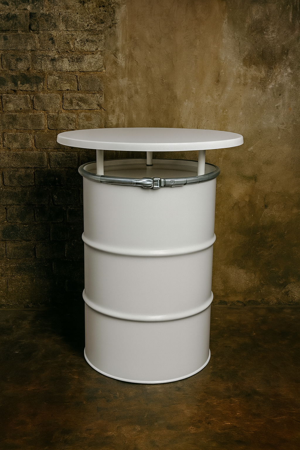 213l Ölfass-Stehtisch, weiß mit Tischplatte in weiß, Abstandshalter weiß